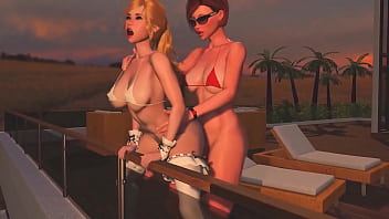 Horny Redhead Shemale Fucks Blonde Tranny   Anal Sex, 3D Futanari Cartoon Porno On The Sunset